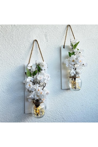 Led Işıklı, Lüx Beyaz Bahardalı Çiçekli Duvar Dekoru Beyaz İkili Set Beyaz