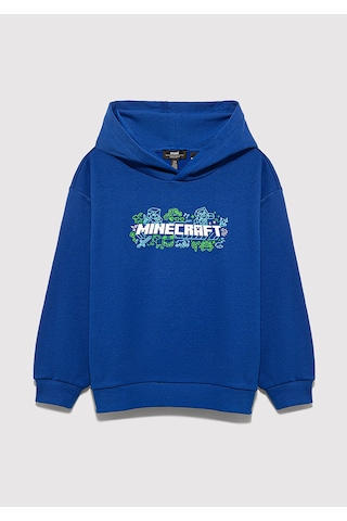 Mavi - Minecraft Baskılı Kapüşonlu Mavi Sweatshirt 6s10180-70907 Mavi