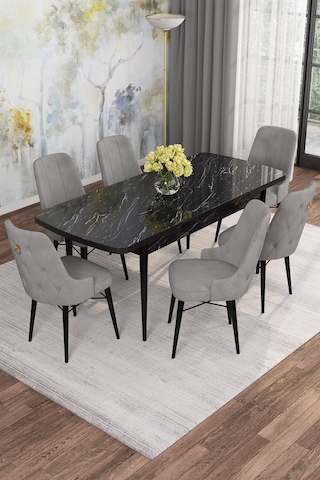 Mona Siyah Mermer Desen 80x132 Açılabilir Mdf Masa Yemek Odası Takımı, Mutfak Takımı 6 Adet Sandalye Siyah Mermer - 6 Gri - Siyah Ayak