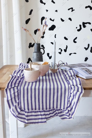 Mavi Çizgili 40x125 Cm Vintage Fırfırlı %100 Keten Pamuklu Amerikan Runner Bej