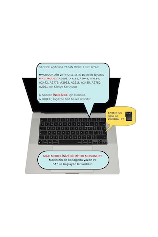 Macbook Uyumlu Uk İngilizce Klavye Koruyucu Iso Ters L Enter M1-m5 A2681 A3113 A3240 A3449 A2941 A3241 A2442 A2779 A2992 A2485 A2991 Keyboard Cover Touch Id Siyah