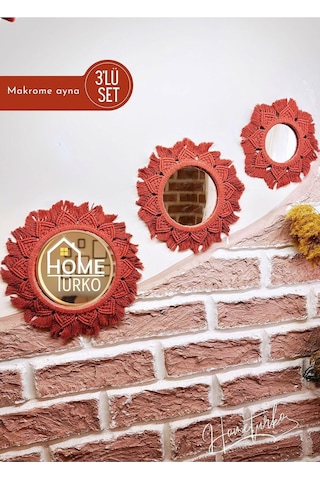 Dekoratif, Iskandinav 3-lü Aynalı Duvar Süsü, Makrome Ayna Seti, Ev, Duvar, Dekoru, Süs Eşyası. Kiremit Çok Renkli