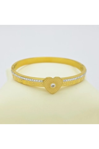 Yıldız Motifli Taşlı Kalp Çelik Kelepçe Gold