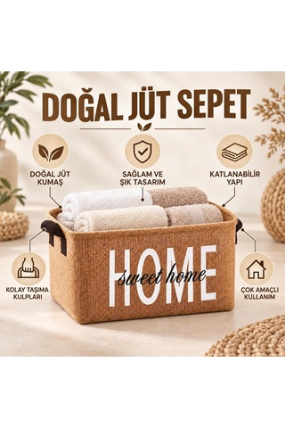Harmony Home Sweet Home Doğal Jüt Düzenleyici Sepet Katlanabilir, Kulplu, Çok Amaçlı Saklama Kutusu 28 18 15 Cm - Küçük Boy