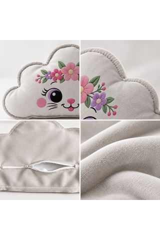 Bk Gift Sevimli Yüz Tasarımlı Gri Bulut Yastık-2 - Bebek Ve Çocuk Odası Dekoratif Yastık 34,5x22 Cm