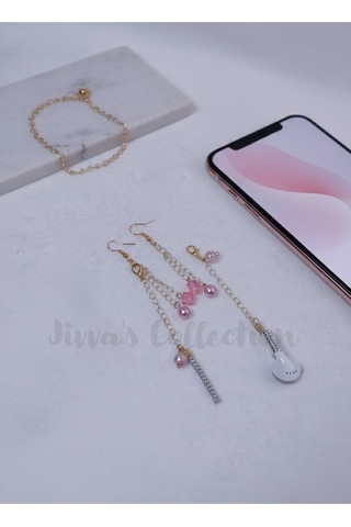 Küpe Kulaklık Tutucu.pembe Boncuk Zincirli Küpe Ve Çıkarılabilir Kulak Tutucu.özel Tasarım.