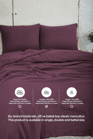 %100 Pamuk Çift Kişilik Müslin Yatak Örtüsü 4 Katlı Yumuşak Battaniye Müslin Pike Takımı 3 Parça Mor Mor