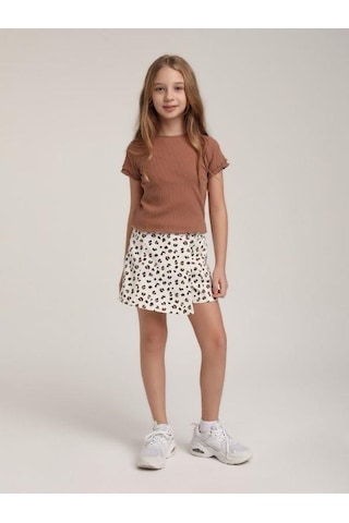 Escabel Kız Çocuk Pamuklu Kolları Kısa Fırfırlı T-shirt-15611 Kahverengi