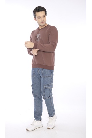 Escetic Erkek Spor Slimfit, Bisiklet Yaka Kahve Sweatshirt-4262 Kahverengi