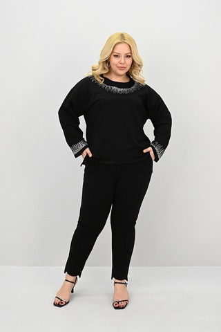 Kadın Büyük Beden Taş Baskı Detaylı Yüksek Bel Eşofman Takımı 8175-25 Siyah
