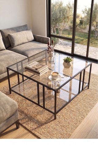Vista Minimalist Tasarım İki Raflı Şeffaf Cam Orta Sehpa Gold Eskitme Siyah-şeffaf Cam