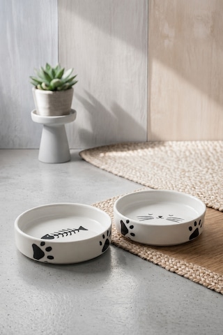 2 Li Seramik Kedi Köpek Mama Ve Su Kabı 13 Cm 300 Ml Pati Ve Kılçık Desenli
