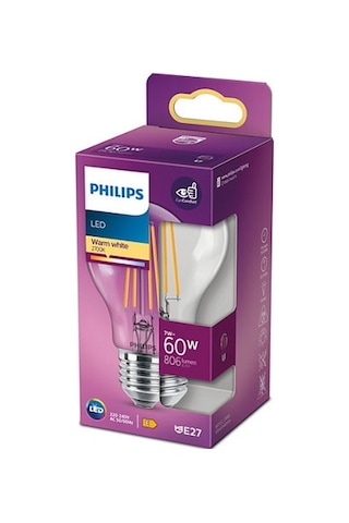 Philips LED Classic Şeffaf Filament Ampul 7W 806 Lumen 2700K Sarı Işık A60 E27 Duy (60W Eşleniği)