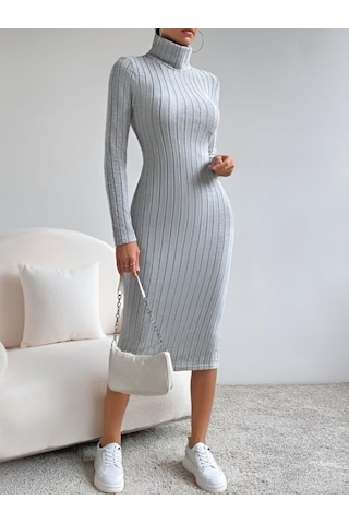 Kadın Balıkçı Yaka Uzun Kollu Kaşkorse Midi Elbise 001