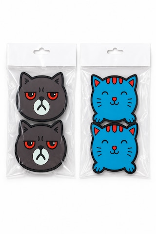 Kemboss Gri Kedi Ve Mavi Kedi Bardak Altlığı Seti 4'lü - Pvc Kaydırmaz Bardak Altlığı 2 Gri Kedi + 2 Mavi Kedi Çok Renkli