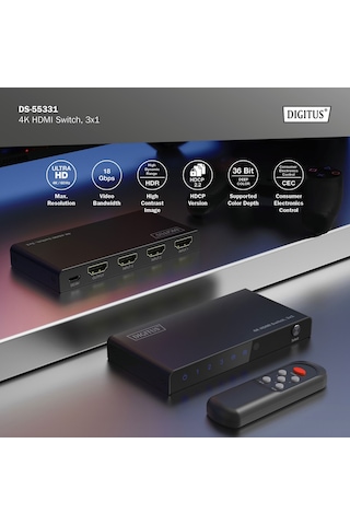 Digitus 3x1 Hdmı Switch, 4k/60hz Hdcp 2.2 Kumandalı Geçiş Kontrolü