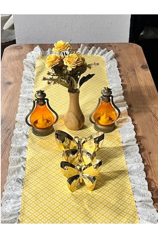Vintage Fisto Fırfırlı Duck Keten Çiçek Desenli Oval Runner 40 X 110 Cm Sarı - Krem