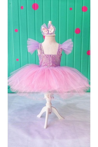 Rapunzel Kabartmalı Tüllü Kısa Kostüm Elbise - Taçlı, 9-10 Yaş