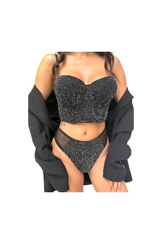 Onsekiz18shop Destekli Pırıltılı Taşlı Siyah Büstiyer Takım