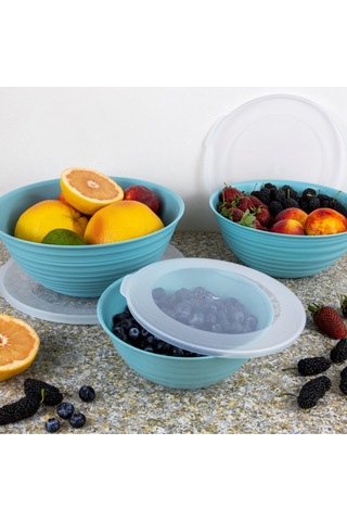 Ceronni Galaksi Desenli Kapaklı Kase 3lü Set 3lt 2lt 1lt Turkuaz Turkuaz