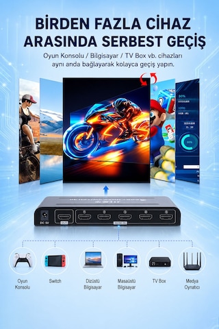 5 Port Hdmı Switch 4k Ultra Hd, 5 Giriş 1 Çıkış Hdmı Anahtarlayıcı, Uzaktan Kumandalı Çoklayıcı, Ps5 Switch Tv Box Pc Monitör Projektör Uyumlu, Metal Kasa Q509