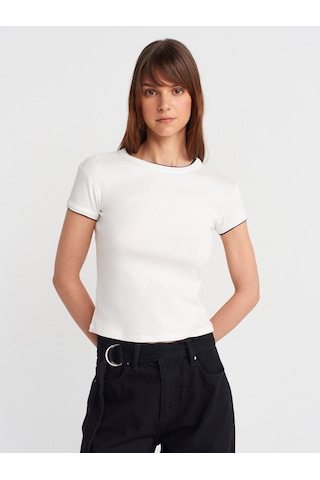 Dilvin 31750 Kontrast Kısa Kollu Tshirt-ekru Ekru