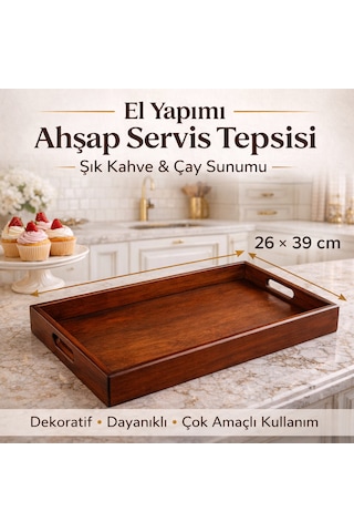 El Yapımı Ahşap Servis Tepsisi 26 39 Cm Eskitme Kahverengi