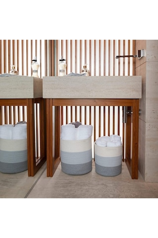 Ikili Dekoratif Jüt Saplı Hasır Sepet Saksı 30 Cm Ve 25 Cm , Dekoratif Saksı Ve Havluluk Gribeyaz