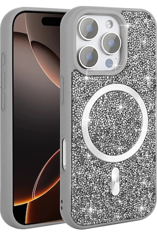Apple Uyumlu iPhone 16 Pro Max Kılıf Pırlanta Tasarımlı Magsafe Şarj Özellikli Zore Mozaik Silikon Kapak - Siyah