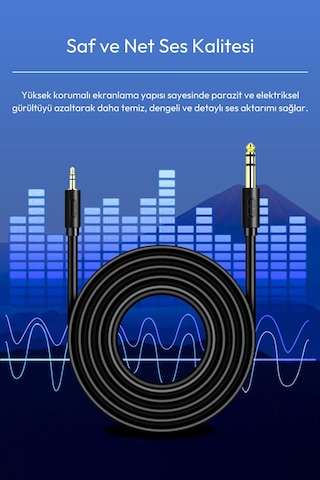 3.5mm - 6.35mm Stereo Ses Kablosu 5 Metre, Amfi Mixer Hoparlör Gitar Profesyonel Ses Sistemi Uyumlu, Altın Kaplama Jak, Bakır İletken, Esnek Pvc, Tak Çalıştır Audio Kablo A150ı