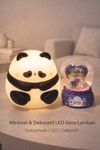 2 Li Sevgiliye Romantik Hediye Seti Slikon Panda Renkli Led Gece Lambası Ve 9 Cm Mor Kar Küresi Set Set