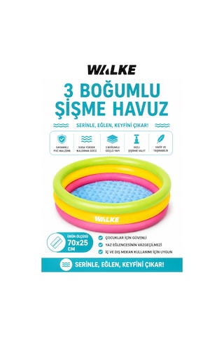 Walke 70 X 25 Cm 3 Boğumlu Şişme Çocuk Havuzu Dayanıklı Mini Oyun Havuzu 14104 Çok Renkli