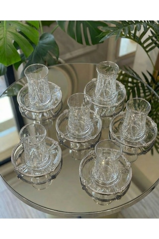 Elta Collection 12 Parça 6 Kişilik Kristal Kesim Çay Takımı Cam Çay Bardağı Ve Tabak Seti Gümüş