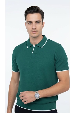 Plus Scorpion Erkek Pike Dokulu Triko Polo Yaka Tişört Slim Fit Şerit Detaylı Yazlık Model Yeşil