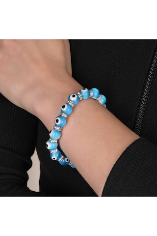Stretch 10 Mm Turkuaz Renk Nazar Boncuklu Kristal Taşlı Rondela Bileklik Diğer