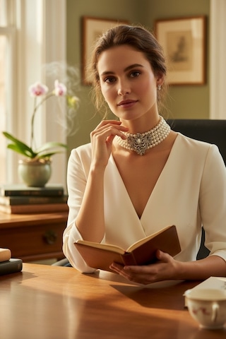Zirkon Taşlı Choker Tasma Inci Kolye Beyaz