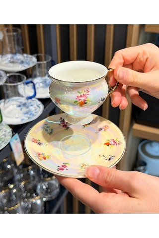 6 Kişilik Sedefli Vintage Çiçek Kahve Fincan Takımı -5696 Çok Renkli
