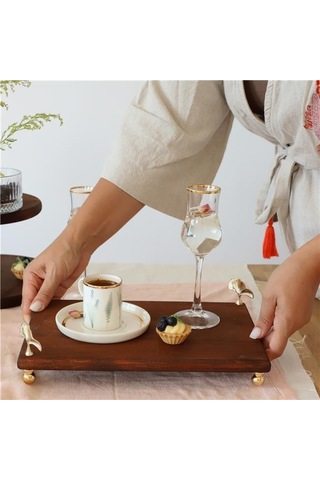 Akayev Ahşap 30x19 Cm Altın Ayaklı Ginkgo Sunum Tabağı Beyaz