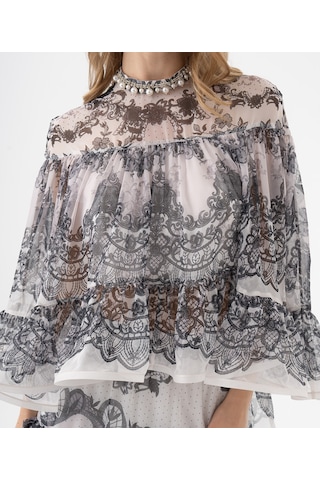 Dantel Desenli Katlı Şifon Volanlı Bluz Siyah