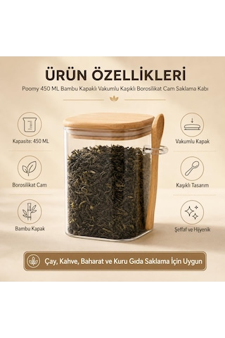450 Ml Bambu Kapaklı Vakumlu Kaşıklı Borosilikat Cam Saklama Kabı, Kare Cam Kavanoz, Çay Kahve Baharat Şeker Ve K Çok Renkli