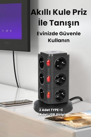 Yeni Akım Korumalı 2.4a Kule Priz Kablosuz Şarj Istasyonu 12x Soketli 2 Type-c 1x Usb Çıkışı 0.2 M