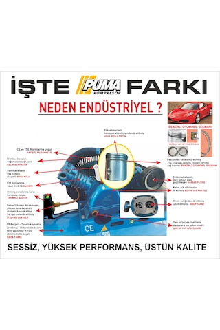 Puma PE30/200-2 8 Bar 380 V 2 Hp 2 Piston 200 L Döküm Kafa Yağlı Kompresör