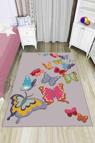 Çok Renkli Kaymaz Tabanlı Kelebekli Çocuk Halısı Kd053