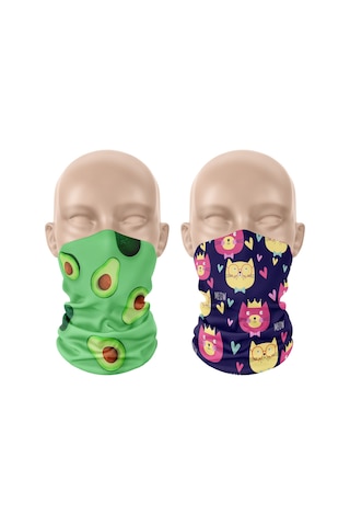 Dair Avokado - Kedi Desenli 2'li Set Boyunluk Bandana Outdoor Balaklava Yüz Maskesi Kafa Bandı