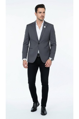 Plus Scorpion Erkek Mono Yaka Tek Düğmeli Çift Yırtmaçlı Blazer Ceket Premium Dokuma Kumaş, 8 Renk Gri