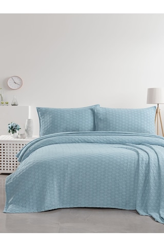 Elvira Yatak Örtüsü Seti Çift Kişilik Mavi Kutulu Açık Mavi