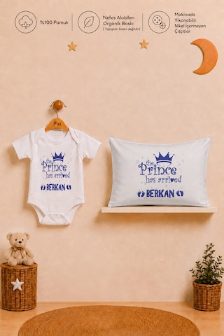Pia Baby Erkek Bebek İsme Özel Hediye Seti %100 Pamuk Body Yastık Kılıfı Ve Ham Bez Bebek Kıyafet Kesesi 2033byk6x Ekru