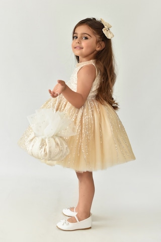Dantel Süslemeli Cappuccino Camel Tasarım Abiye Kız Çocuk Tül Birçe Elbise 001