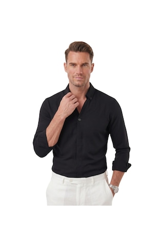 Deepsea Siyah Slim Fit Kolay Ütülenebilir Açık Dik Yaka Likralı Erkek Gömlek 2602615