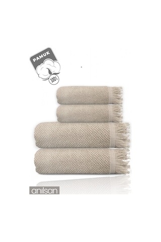 4'lü Bej Jelena Havlu Seti %100 Pamuk - 2 Adet El Havlusu 50x90 Ve 2 Adet Banyo Havlusu 70x140 Bej
